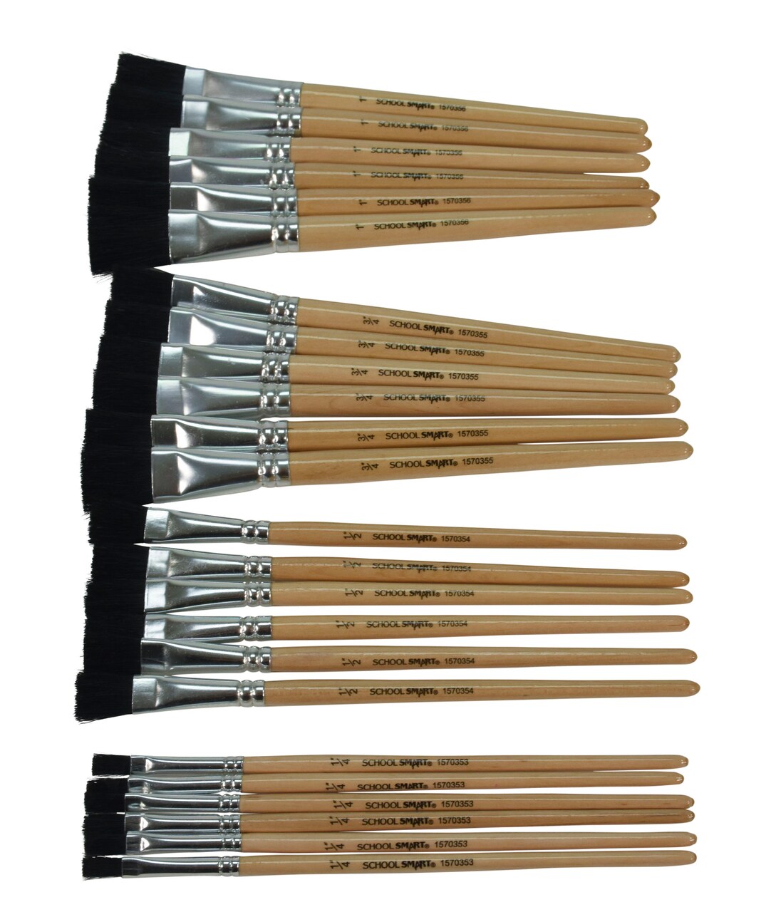 School Smart Black Bristle Paint Brushes, Short Handle, Assorted Sizes, Set of 24